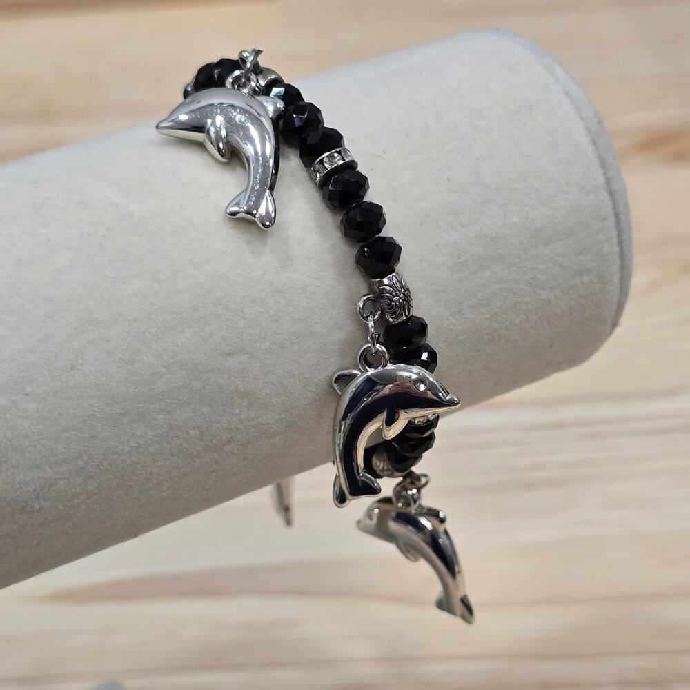 Artisan 7" Stretch Bracelet Black Faceted Glass Beads Silver Dolphin Charms